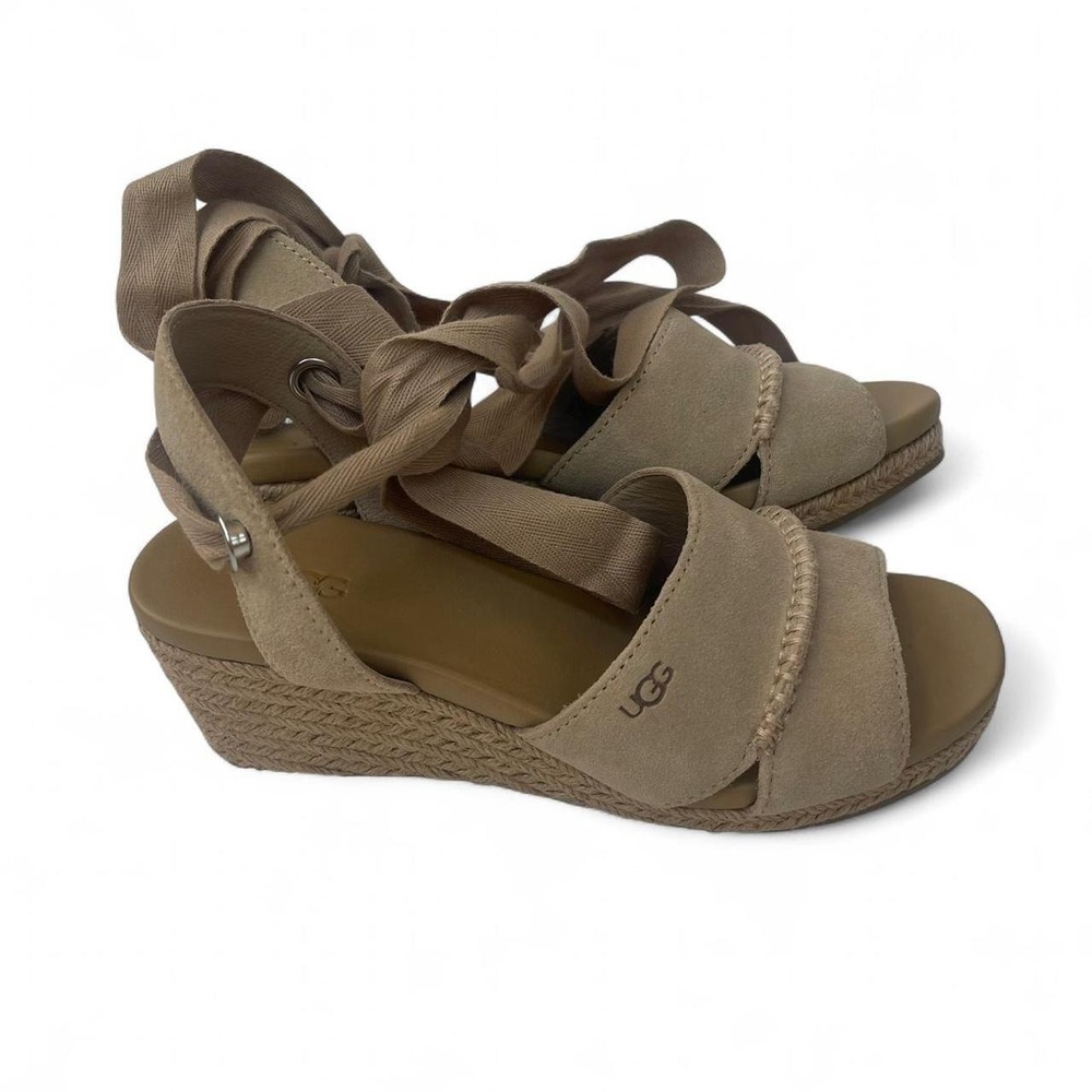 UGG Yarrow Suede Espadrille Wedge Sandals Tan Ankle Tie 1107957 Womens